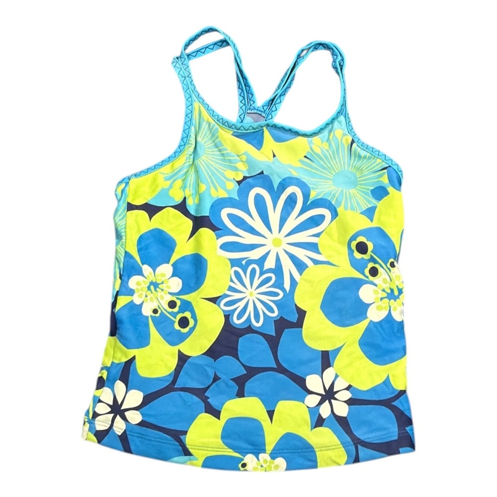 LL Bean Girls Blue Lime Green Floral Tankini Swim Top Racerback Size 10-12